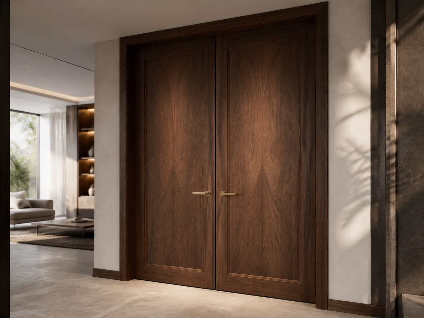 Pair of full-height walnut interior doors with refined brass handles